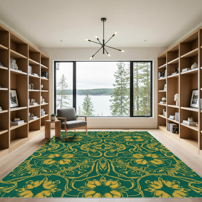 Emerald Gold Baroque Floral Artwork Rug