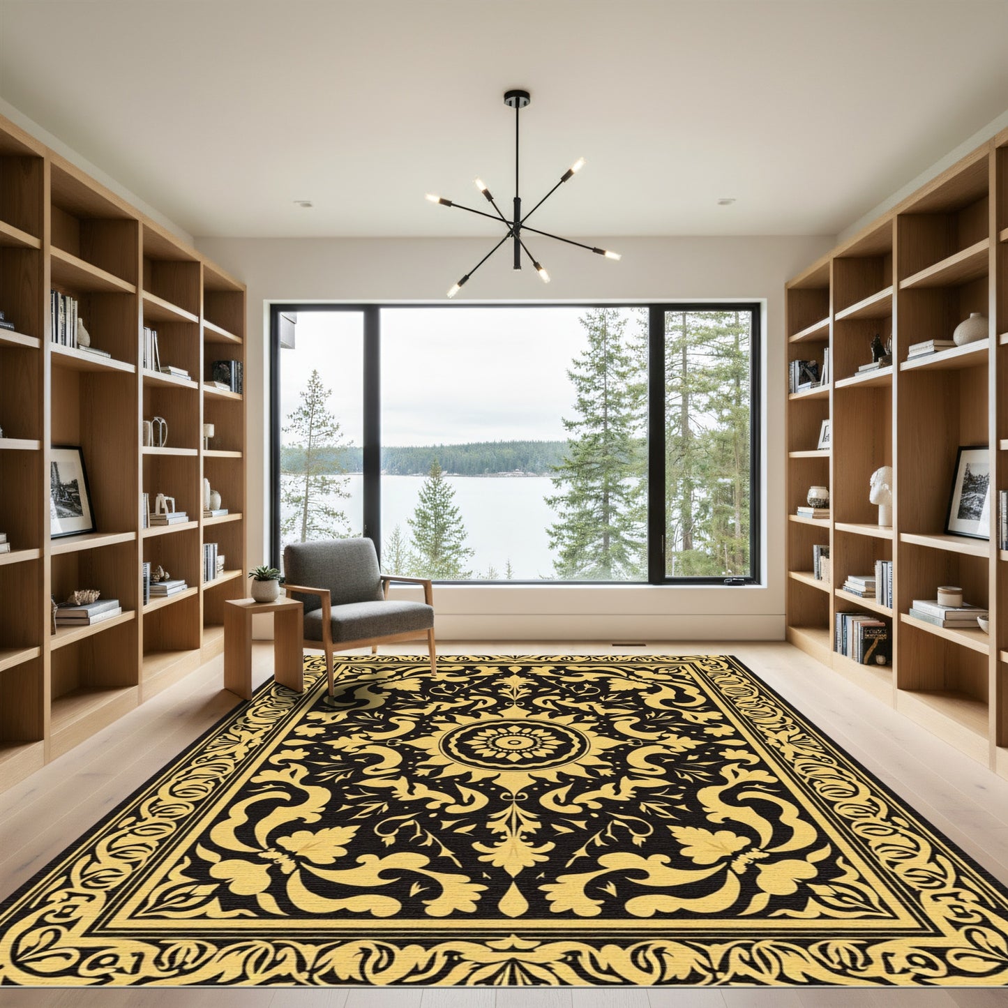 Golden Floral Medallion Black Rug
