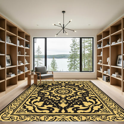 Golden Floral Medallion Black Rug
