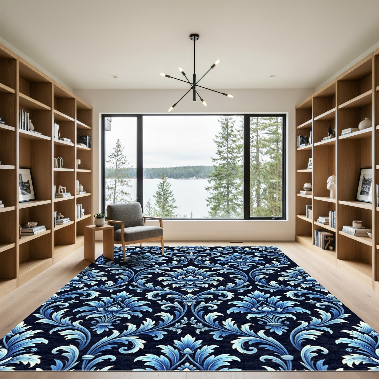 Royal Blue Damask Scroll Floral Rug