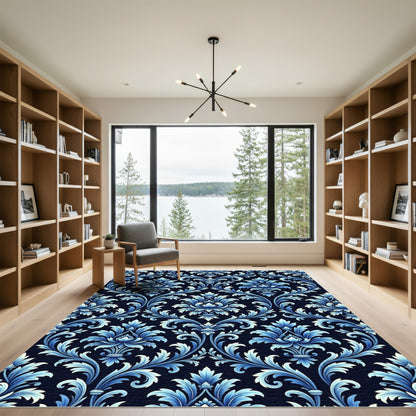 Royal Blue Damask Scroll Floral Rug