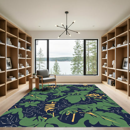 Deep Navy Green Abstract Foliage Rug