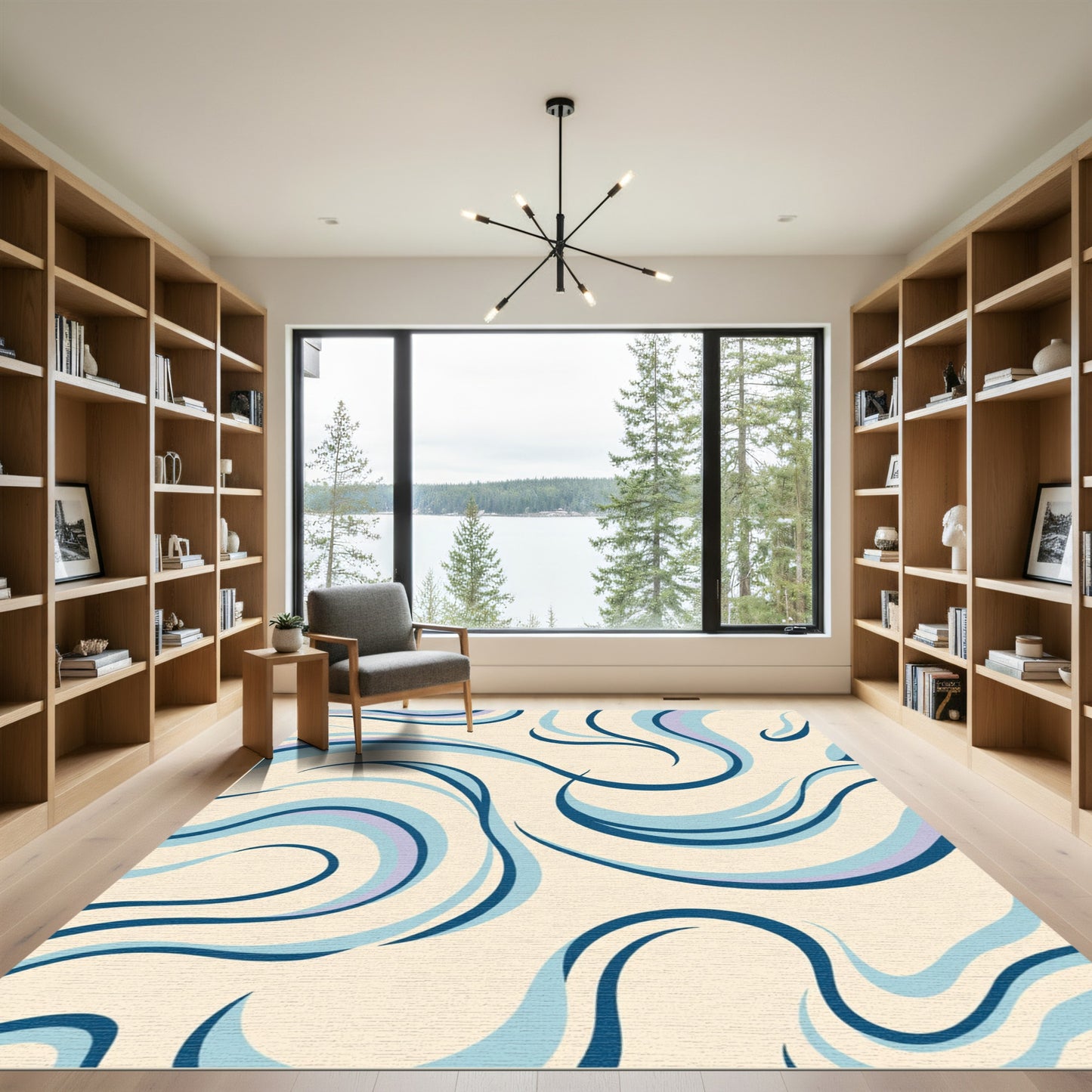 Cream Navy Sky Flowing Swirls Rug