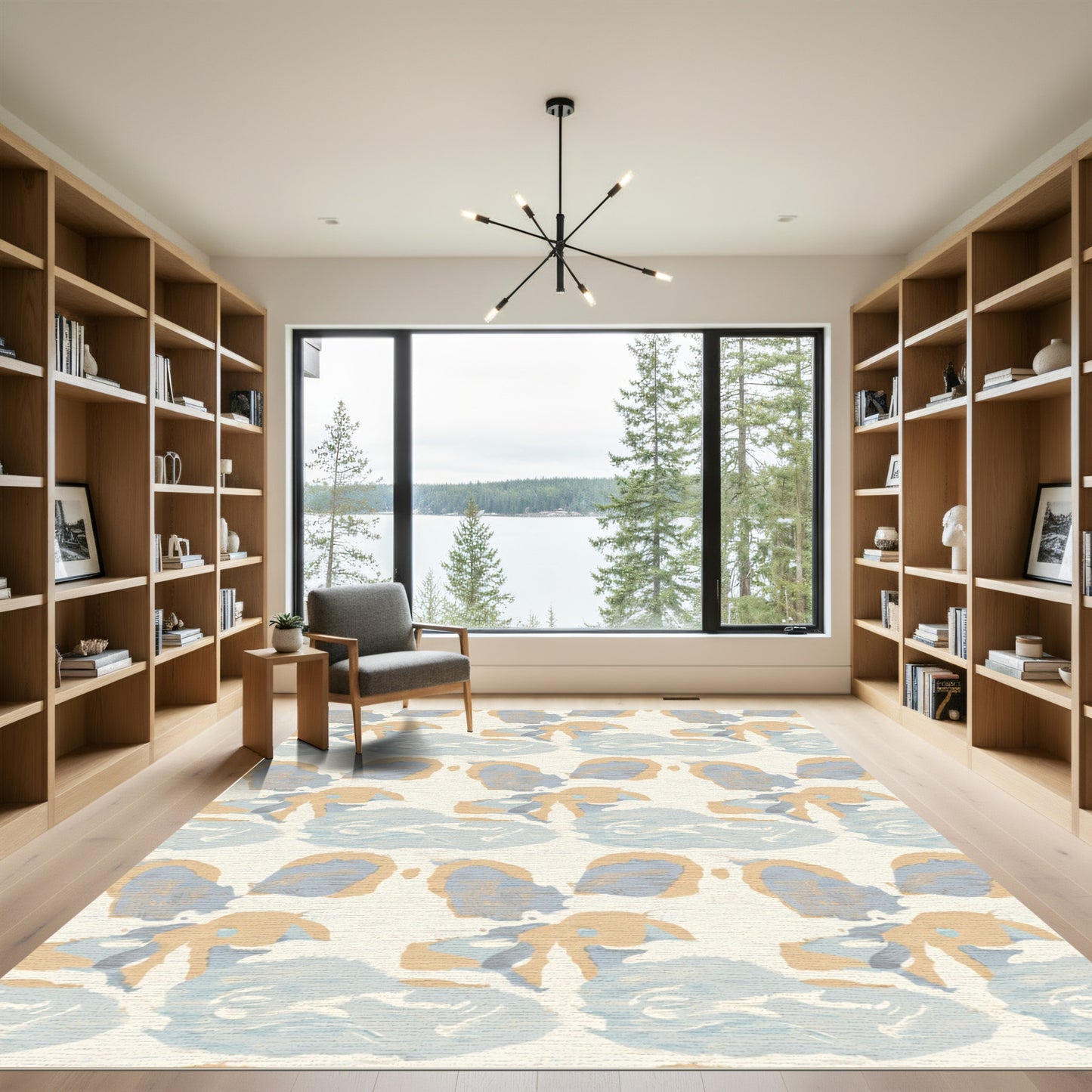 Soft Abstract Brushstrokes Tan Blue Rug