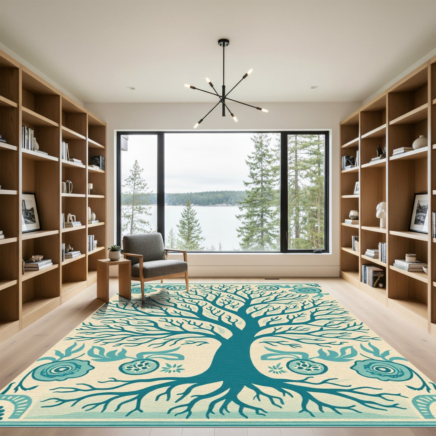 Teal Tree of Life Folk Art Rug