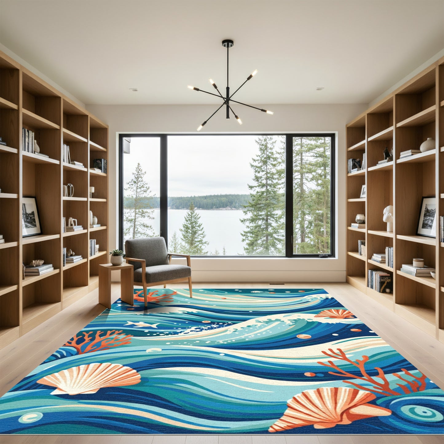 Oceanic Blue Wave Coral Seashell Scene Rug