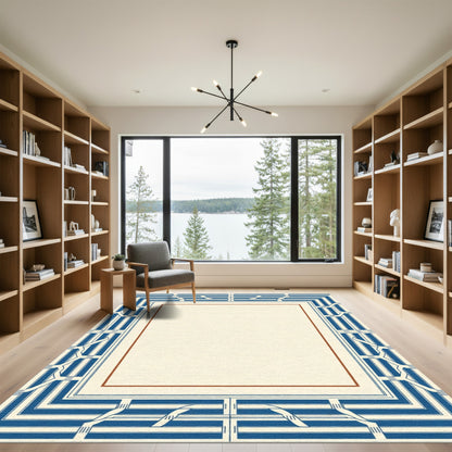 Blue Cream Geometric Art Deco Frame Rug