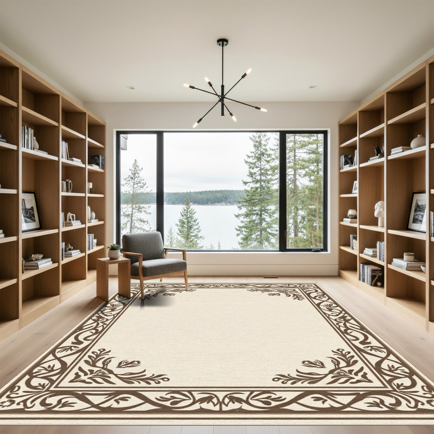 Brown Floral Scroll Border Rug