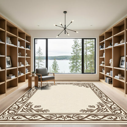Brown Floral Scroll Border Rug