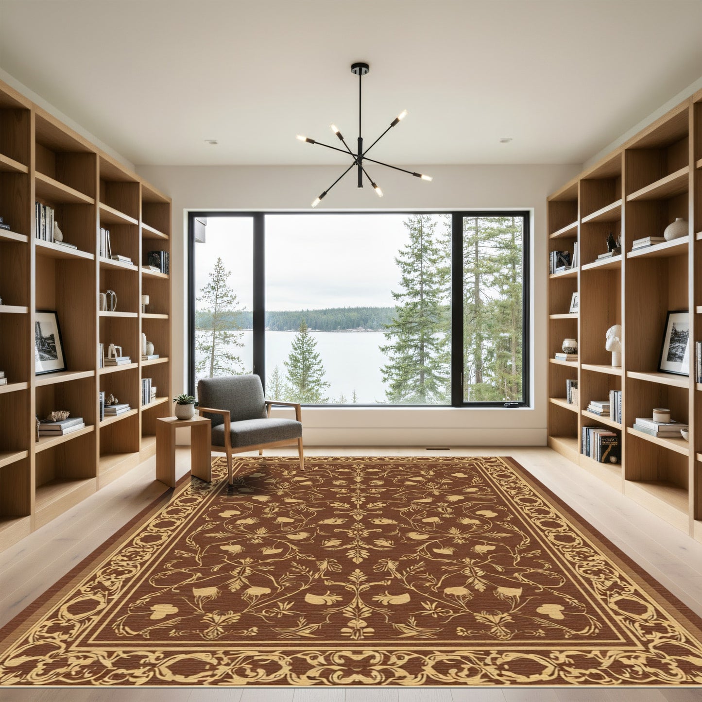 Chocolate Cream Botanical Scroll Medallion Rug