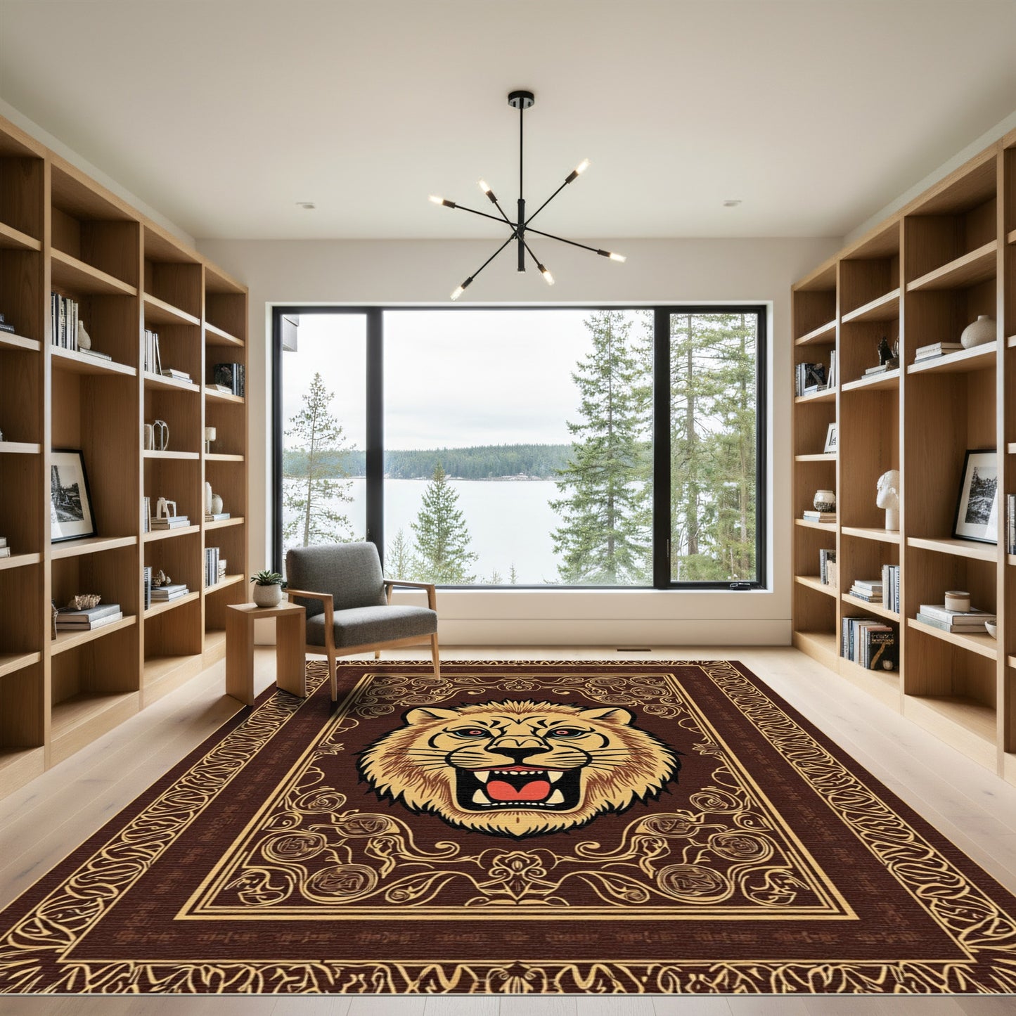 Roaring Lion Head Brown Golden Border Rug