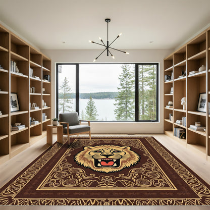 Roaring Lion Head Brown Golden Border Rug