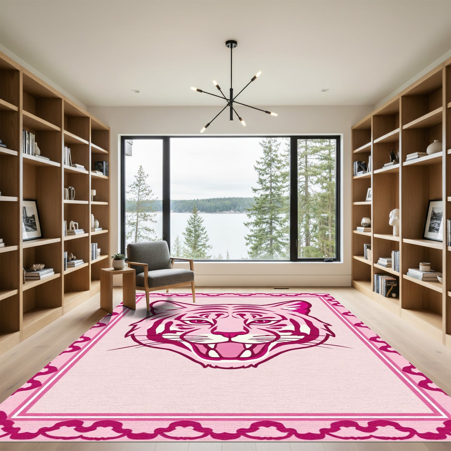 Pink Tiger Face With Decorative Border Rug