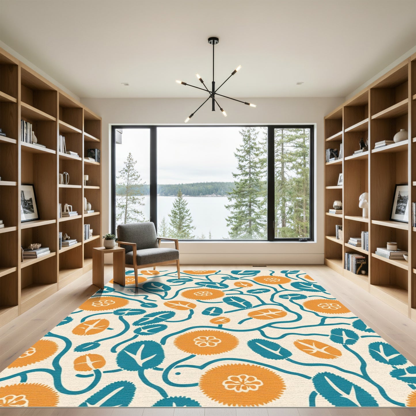 Abstract Orange Teal Floral Vine Rug