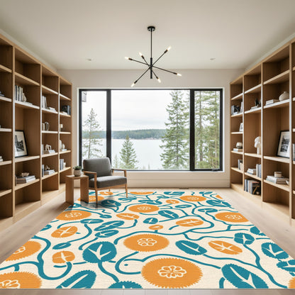 Abstract Orange Teal Floral Vine Rug