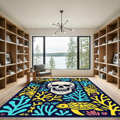 Yellow Turquoise Turtle Skull Marine Life Rug