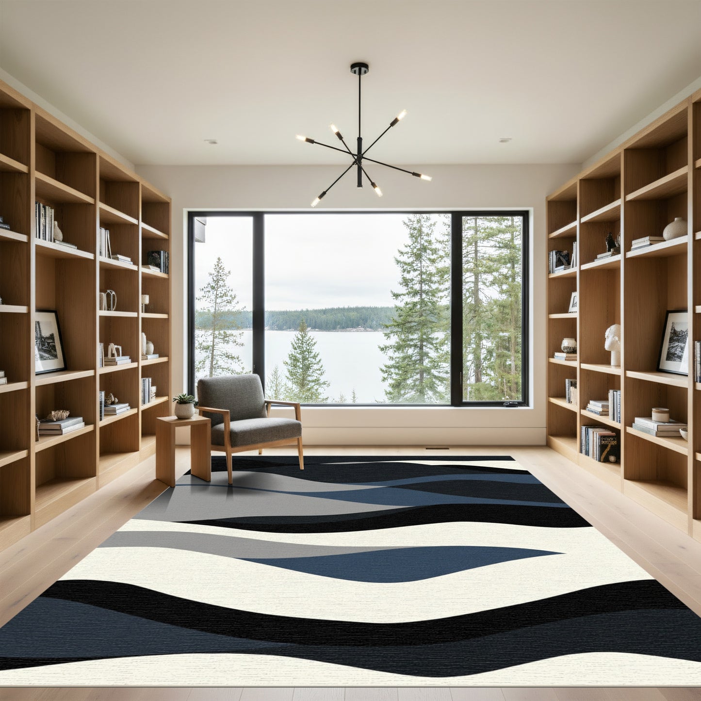 Abstract Dark Blue Wave Layers Rug