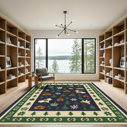 Woodland Cabin Christmas Tree Border Rug