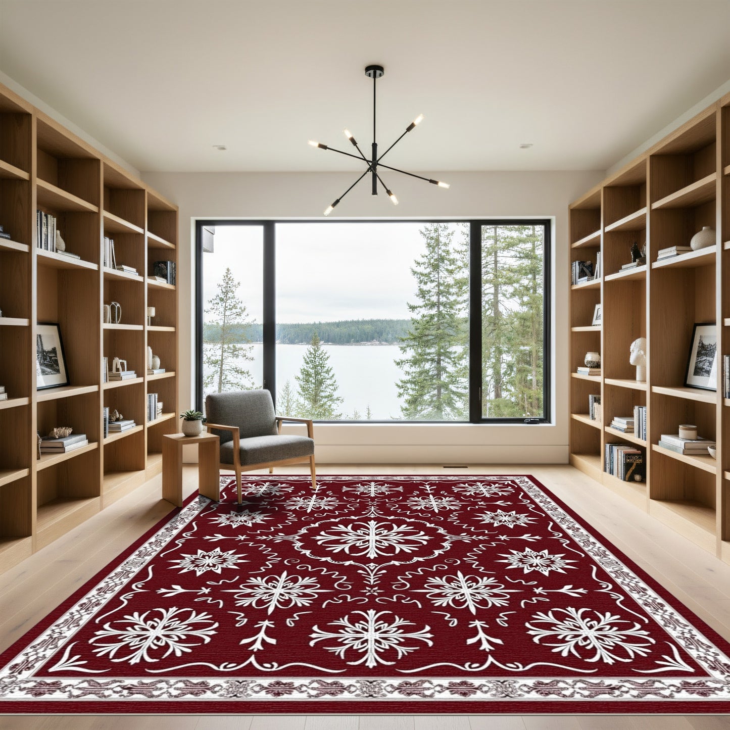 Deep Red Snowflake Starburst Medallion Rug