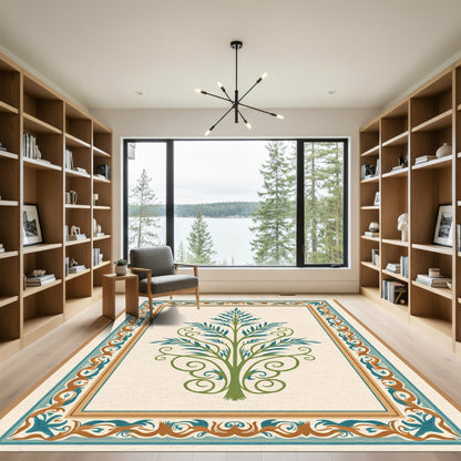 Green Blue Border Tree Rug