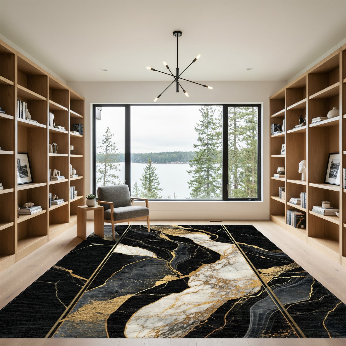 Black Gold White Veined Marble Rug