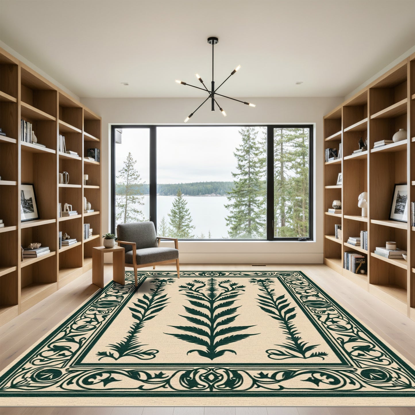 Dark Green Floral Triptych Border Rug