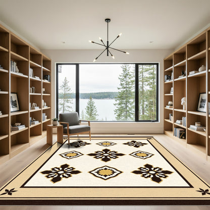 Cream Black Gold Quatrefoil Medallion Rug