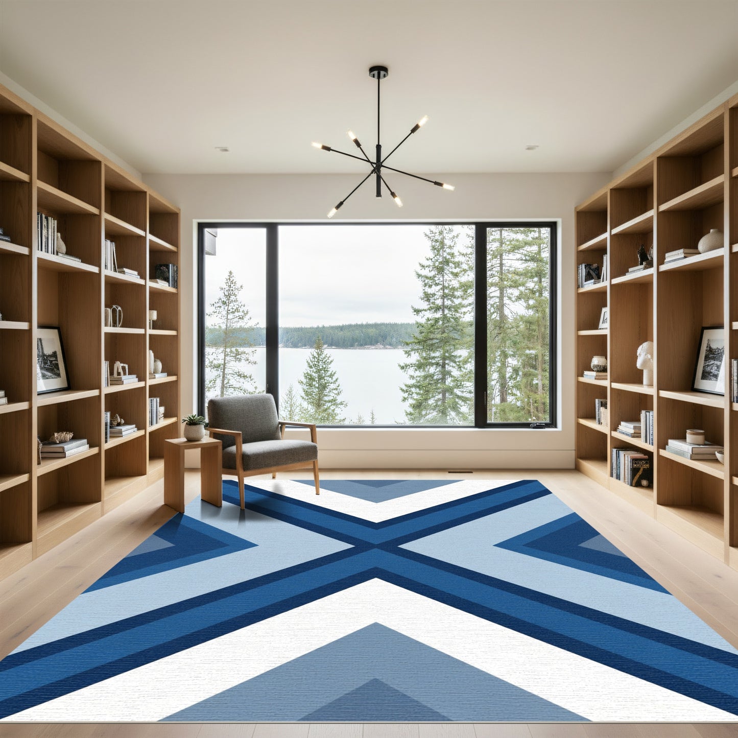 Cool Blue Geometric Chevron Rug