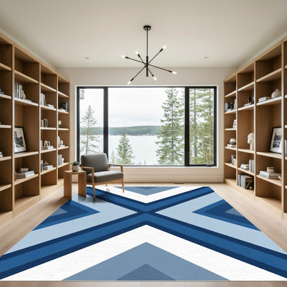 Cool Blue Geometric Chevron Rug