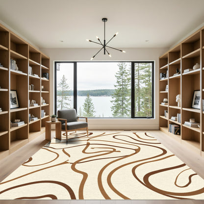Cream Brown Swirling Line Abstract Rug