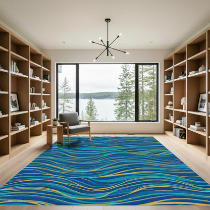 Wavy Blue and Gold Abstract Lines Rug