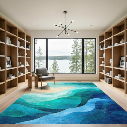 Teal Blue Abstract Wave Rug
