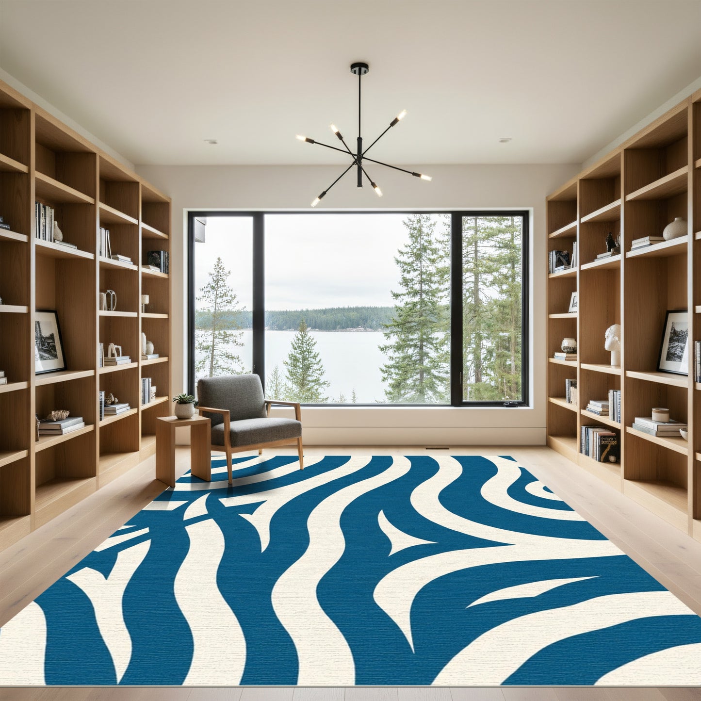 Deep Blue Cream Curved Swirl Rug