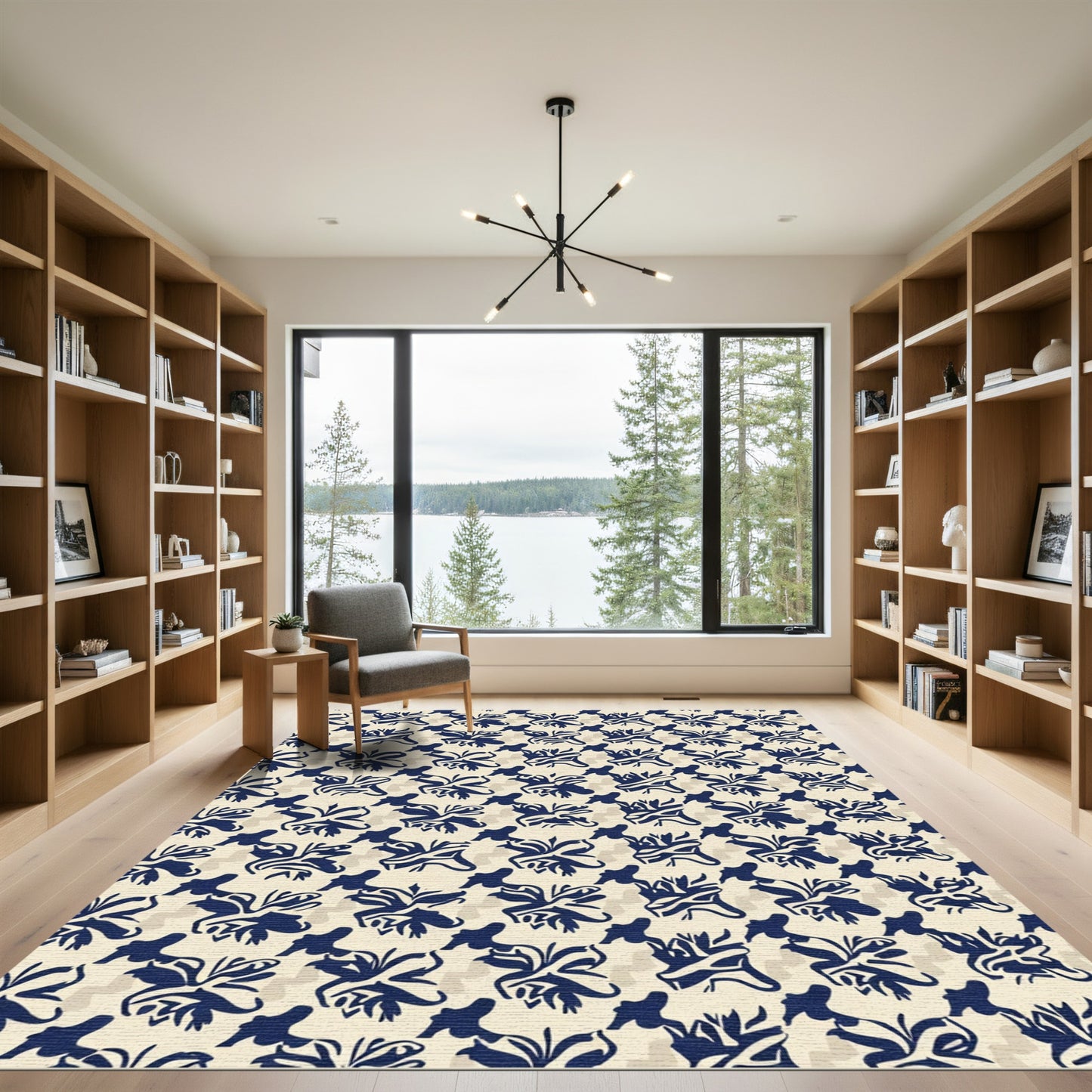 Navy Blue Floral Scroll Arrangement Rug