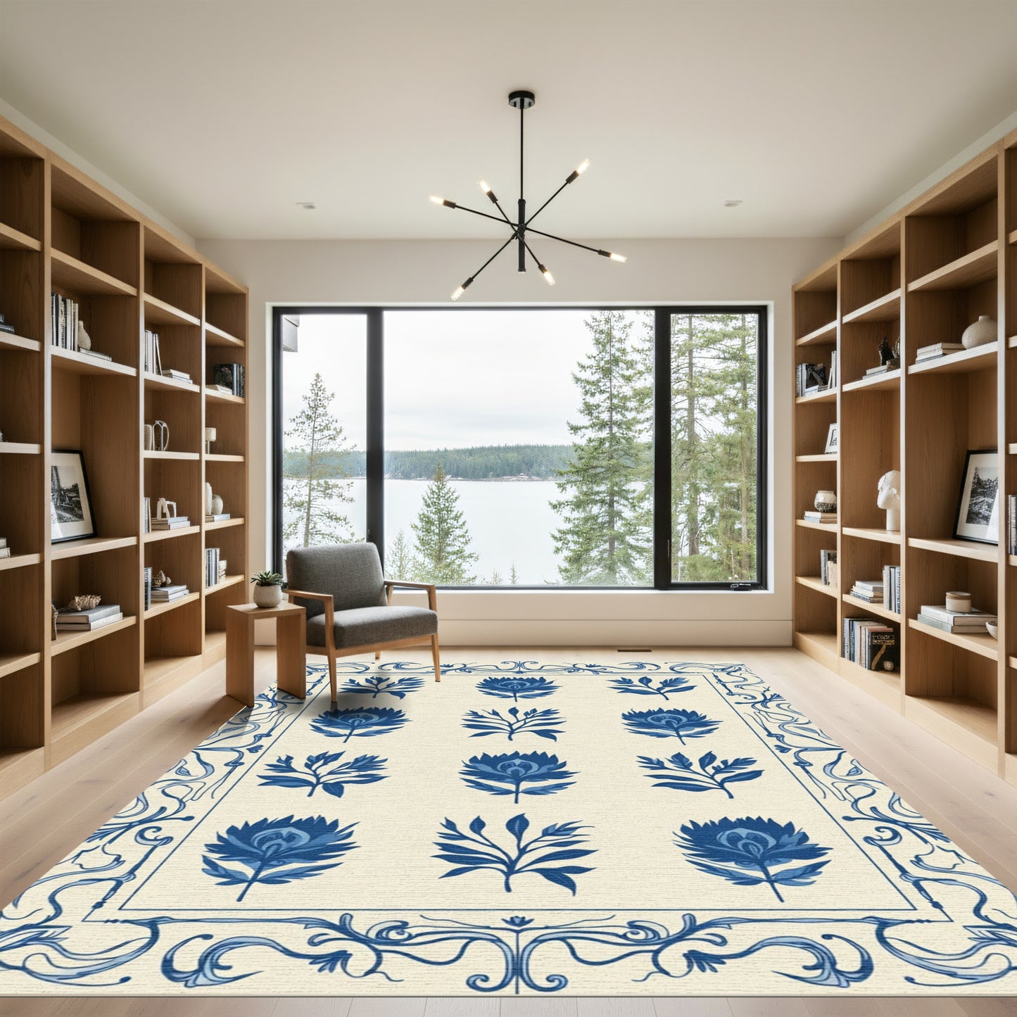 Deep Blue Floral Botanical Garland Rug