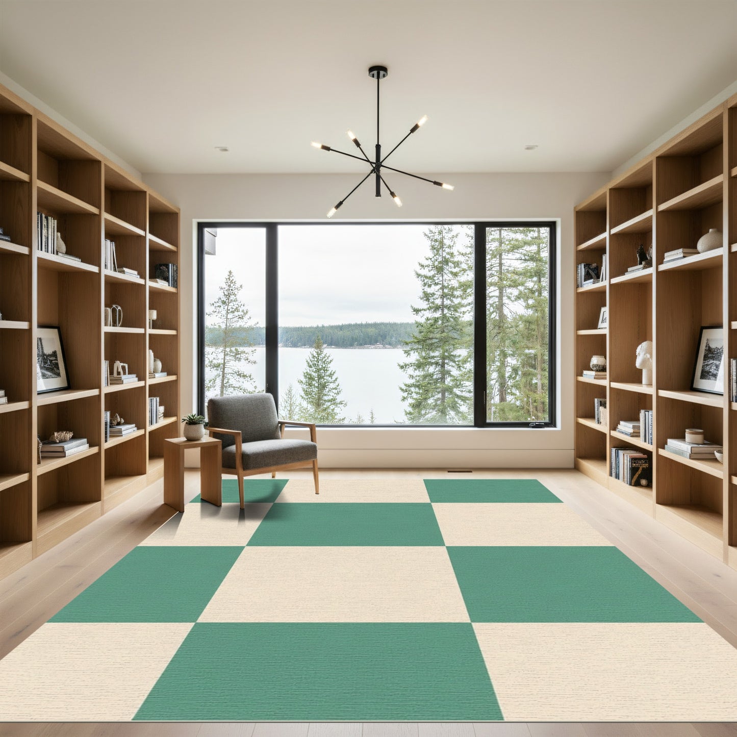 Teal Cream Checkerboard Square Arrangement Rug
