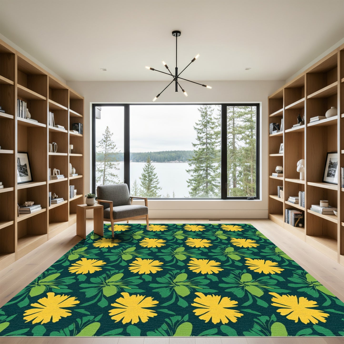 Yellow Flower Green Leaf Background Rug