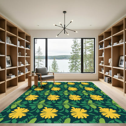 Yellow Flower Green Leaf Background Rug