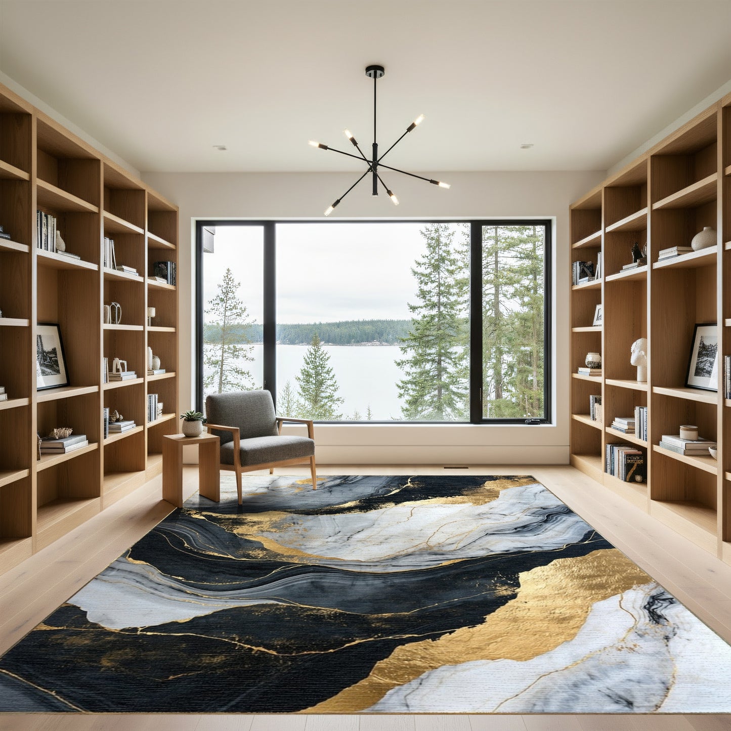 Black White Gold Swirling Veins Rug