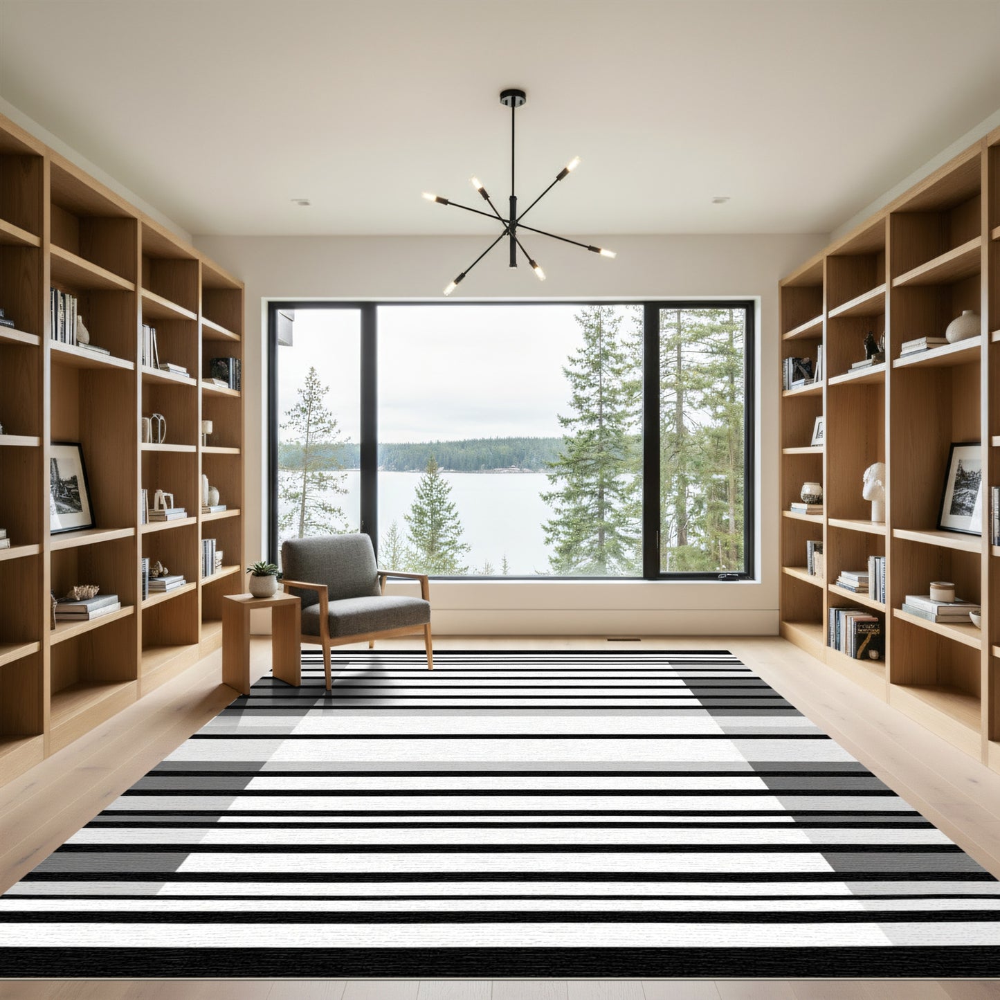 Contemporary Black White Horizontal Stripes Rug