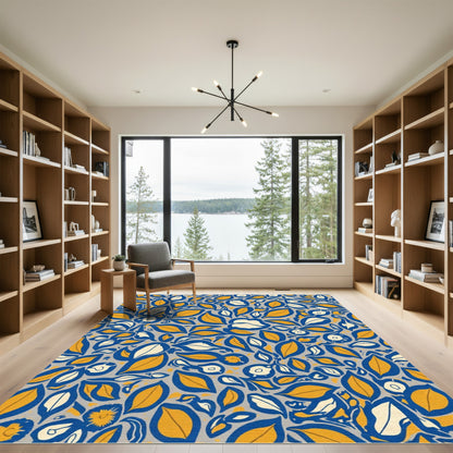 Bold Blue Yellow Leaf Floral Burst Rug