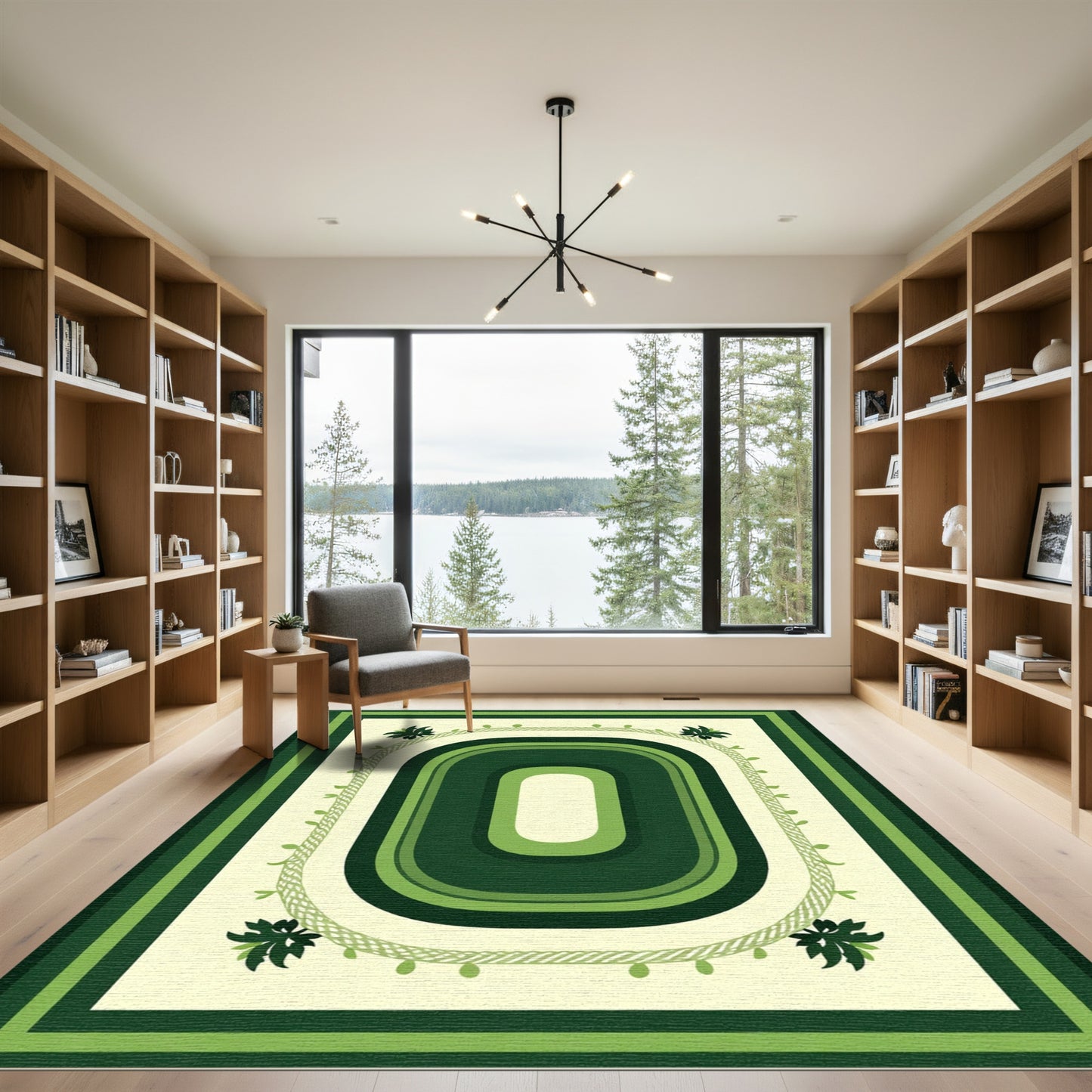 Forest Green Nested Oval Botanical Border Rug
