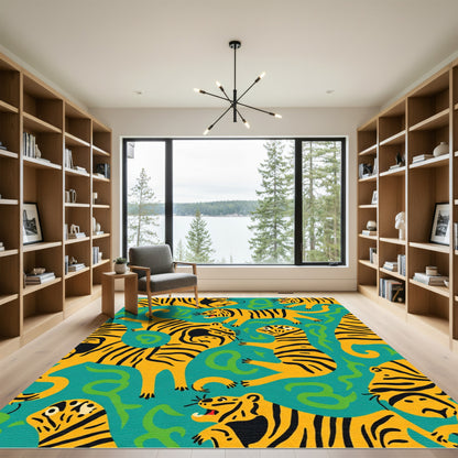 Yellow Tiger Stripes Teal Jungle Rug