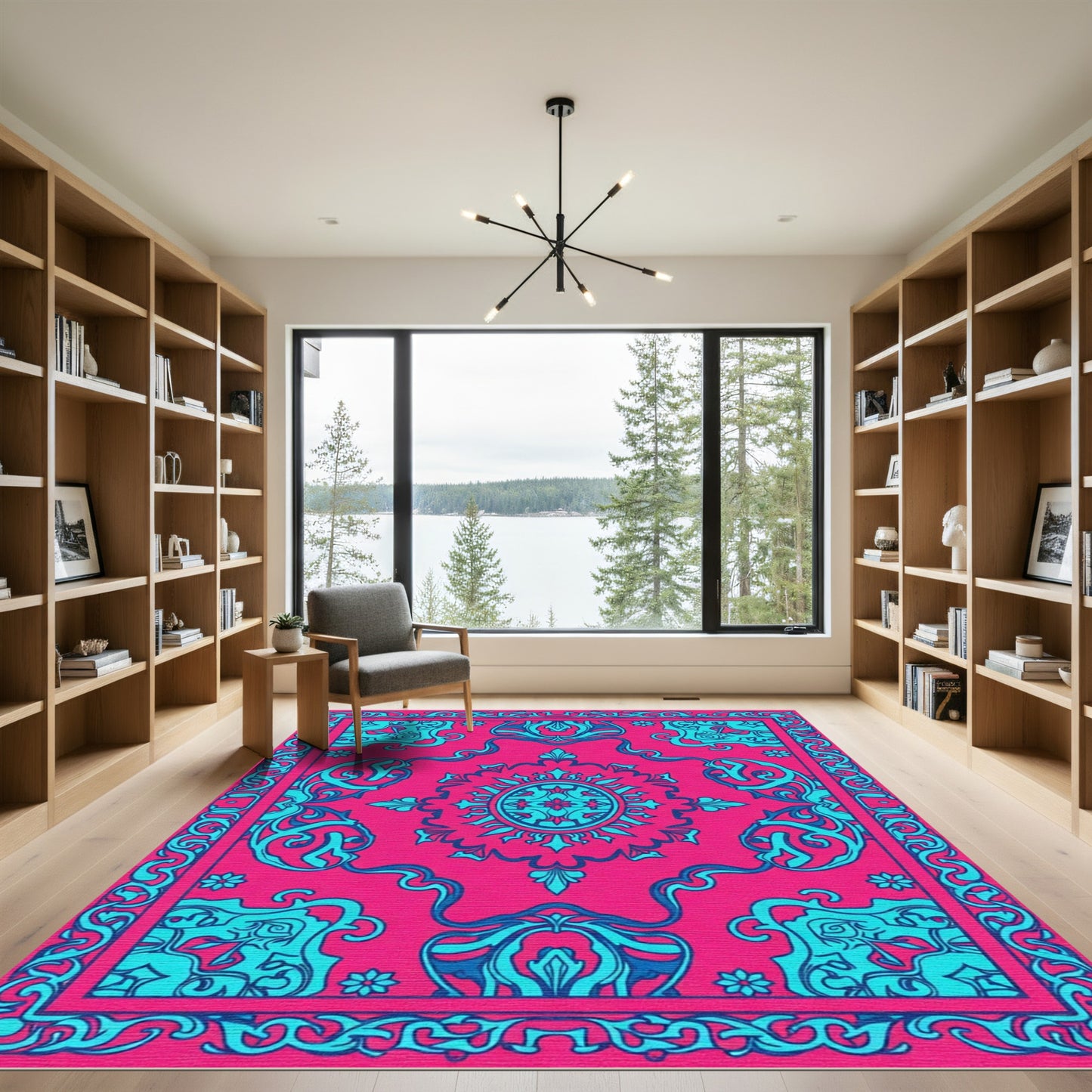 Hot Pink Teal Medallion Scroll Rug
