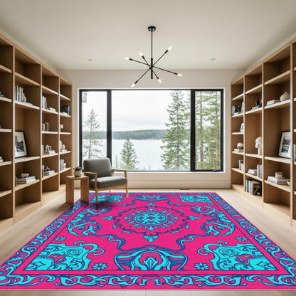 Hot Pink Teal Medallion Scroll Rug