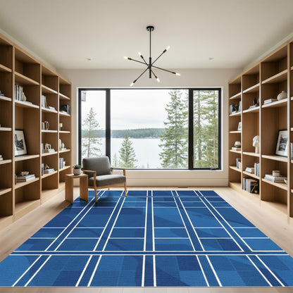 Deep Blue Geometric Window Lattice Rug