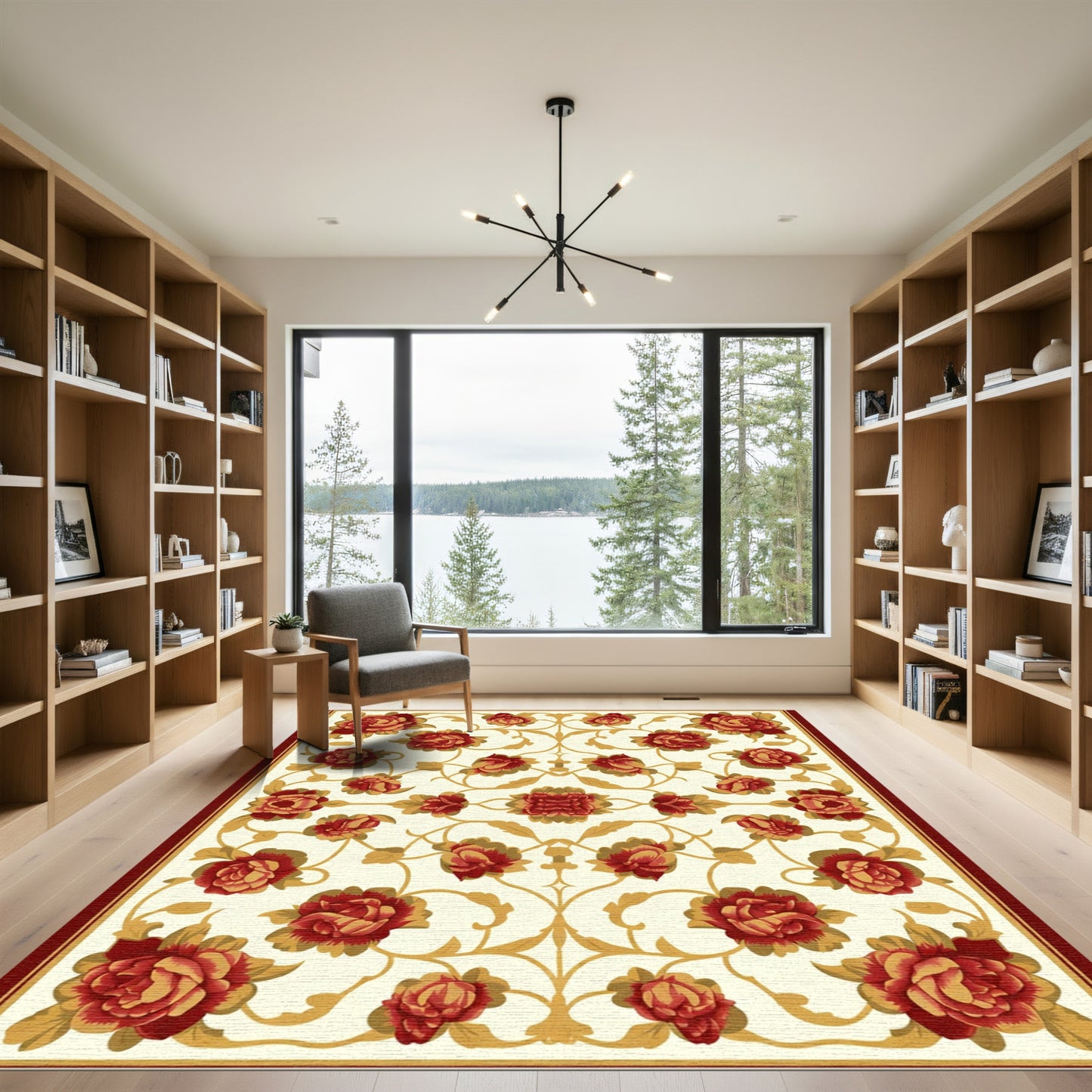 Crimson Golden Floral Scroll Rug