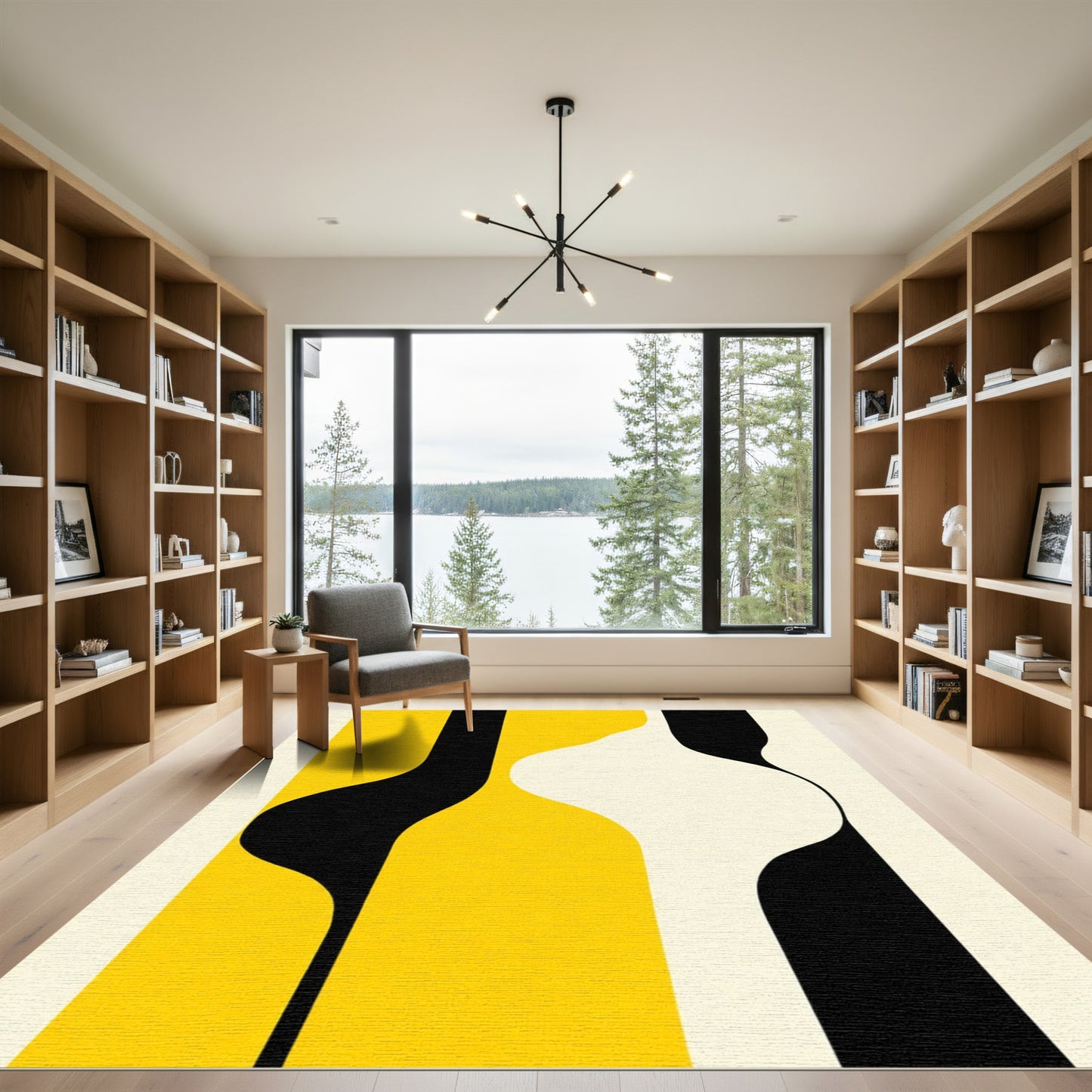 Abstract Yellow Black Cream Organic Shapes Rug
