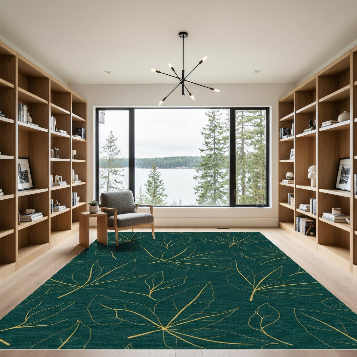 Golden Outline Leaves Emerald Background Rug