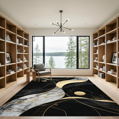 Abstract Black Gold Marble Swirl Rug